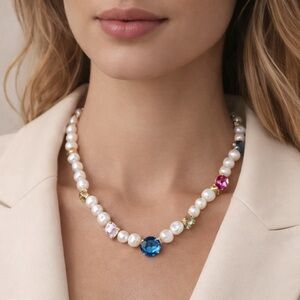 Martha Calvo Pearl Crystal Charm Necklace Gold Multicolor Statement 18”